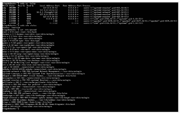 Terminal output of ss -tulnp showing all listening ports unfiltered, with ufw status reported as inactive