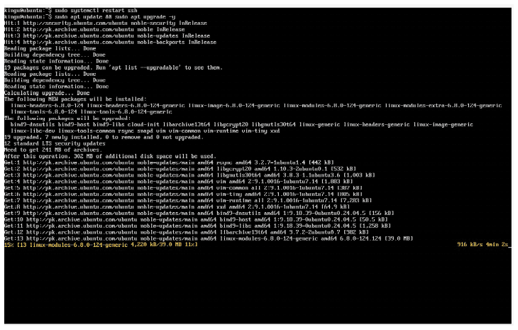 Terminal output of apt upgrade showing 19 packages upgraded, including a kernel version update