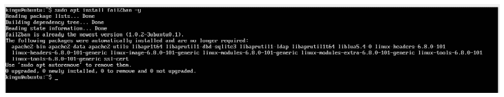 Terminal output confirming fail2ban is installed and active